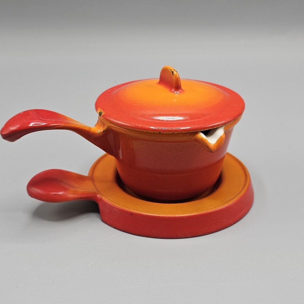 Descoware Enamel Cast Iron Flame Red Orange Covered Dish Belgium Butter Warmer